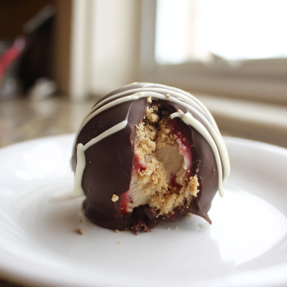 Two bite-sized Chocolate Covered Strawberry Cheesecake Truffles on a marble board beside a steaming cup of coffee.