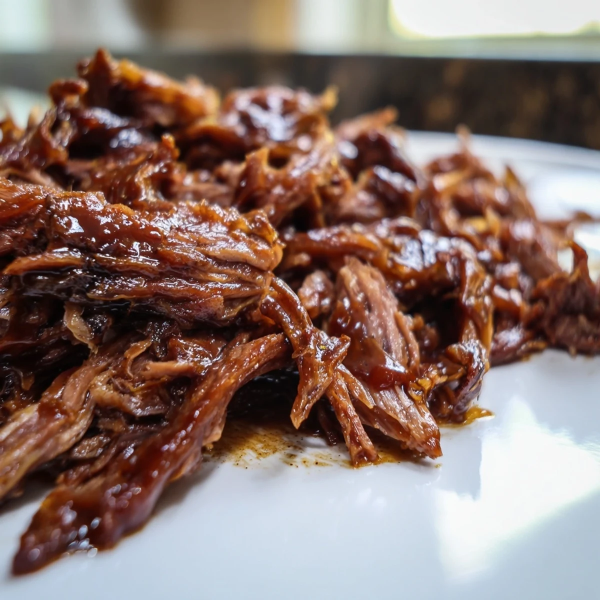 Slow-cooked beef brisket with homemade BBQ sauce, tender and glistening for a satisfying sandwich or plate.  