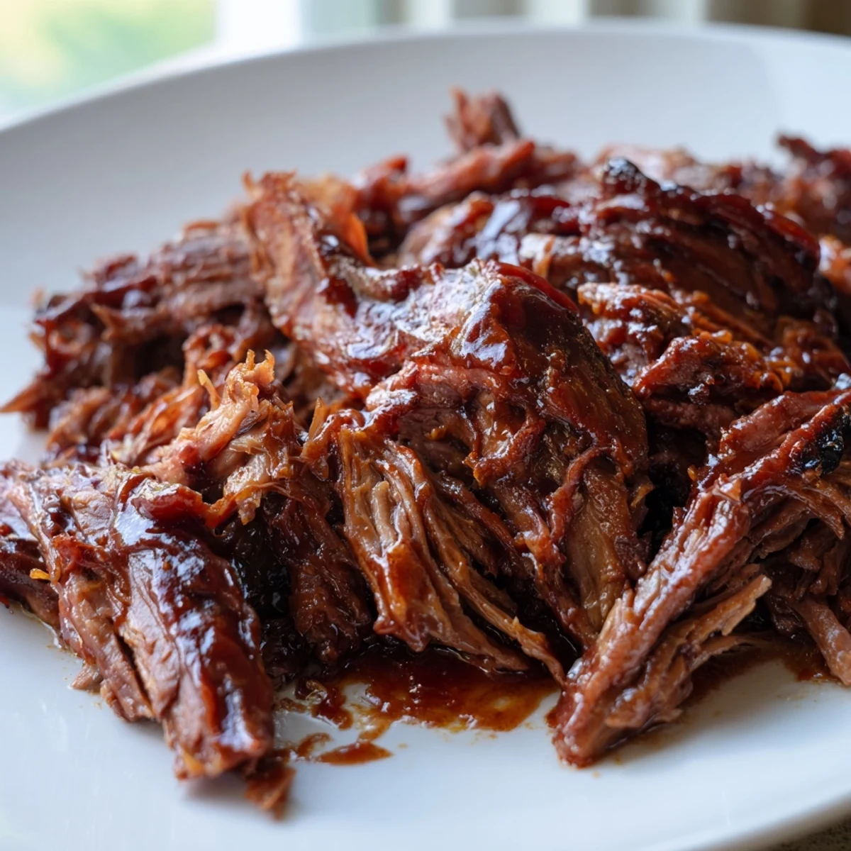 Slice of Slow Cooker Beef Brisket with BBQ Sauce served on a toasted bun with pickles.  