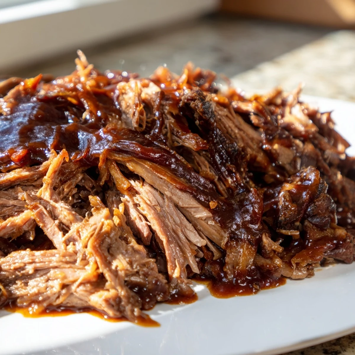 Gluten-free Slow Cooker Beef Brisket with BBQ Sauce plated beside creamy mashed potatoes for a hearty meal.
