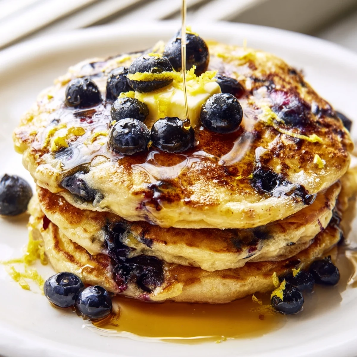 Fluffy Lemon Blueberry Pancakes stacked high, drizzled with warm maple syrup and topped with extra berries.