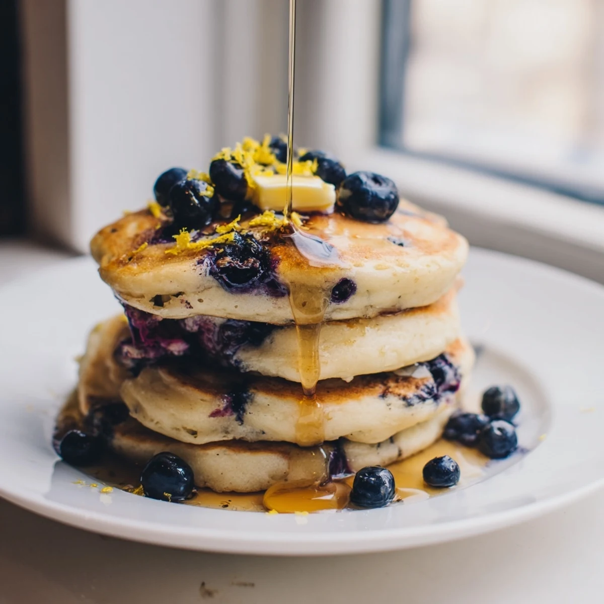 A close-up of fluffy Lemon Blueberry Pancakes topped with blueberries, lemon zest, and dripping maple syrup.
