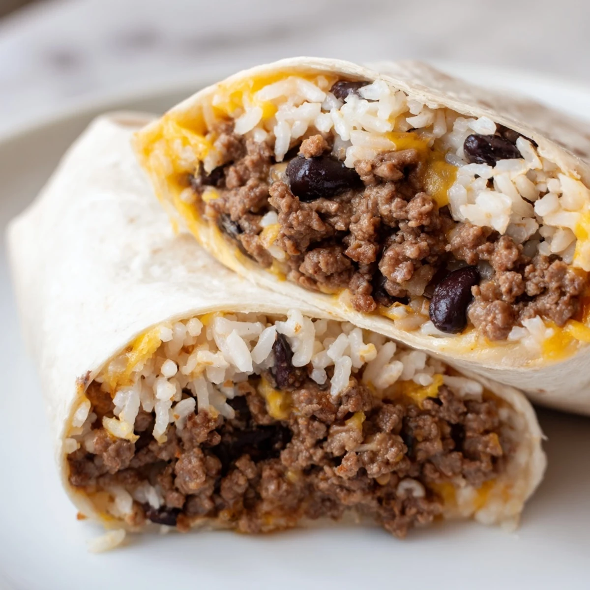 A freshly made Beef Burrito with Rice, Beans, and Cheese, wrapped tightly in a warm flour tortilla and sliced to reveal the seasoned ground beef, fluffy rice, creamy black beans, and melted cheddar inside.