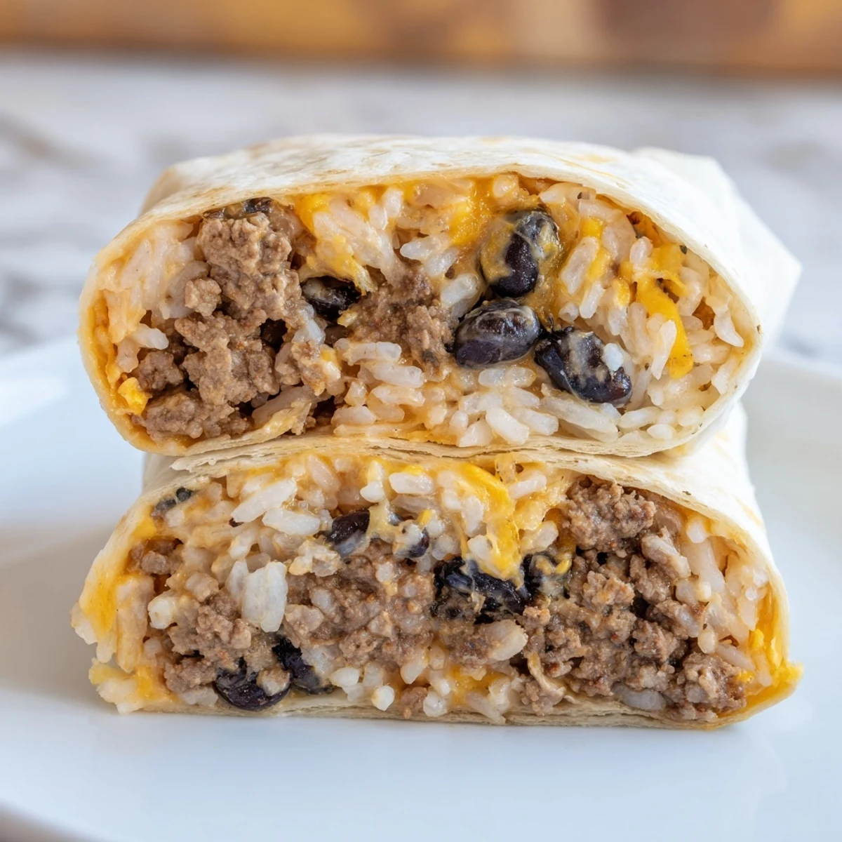 Close-up view of a hearty Beef Burrito with Rice, Beans, and Cheese on a plate, with a dollop of sour cream and a side of vibrant salsa, highlighting the steam rising from the melted cheese.