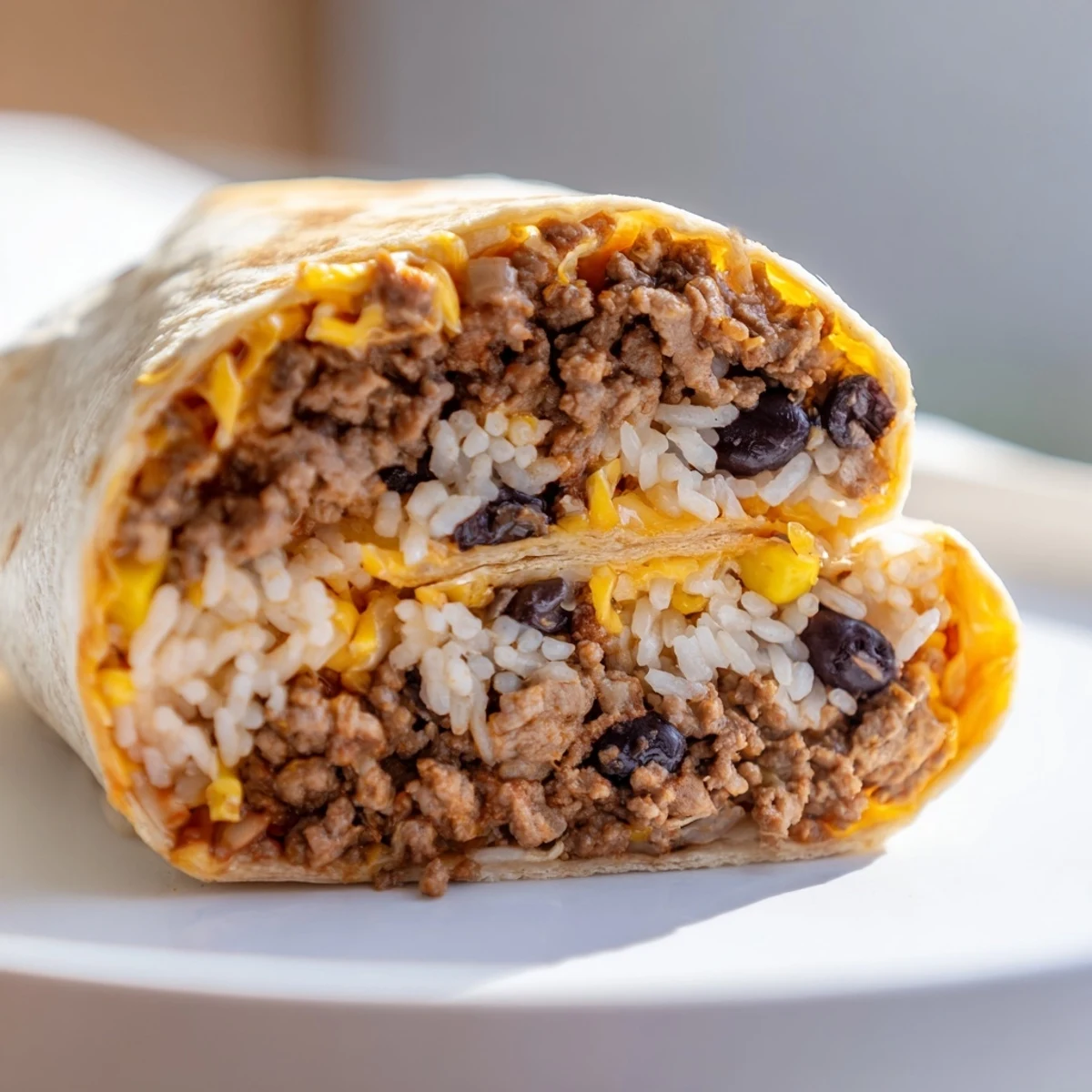 A cross-section of a Beef Burrito with Rice, Beans, and Cheese, showcasing the colorful layers of fluffy rice, seasoned ground beef, creamy black beans, and shredded cheddar nestled in a soft tortilla.
