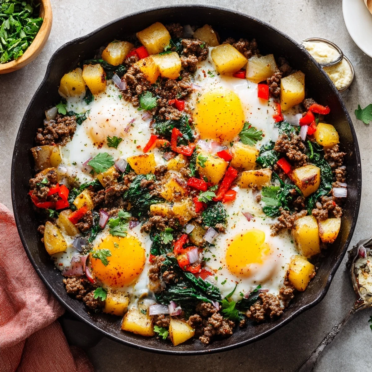 A close-up of a hearty Beef Brunch Skillet, loaded with ground beef, veggies, and baked eggs.  