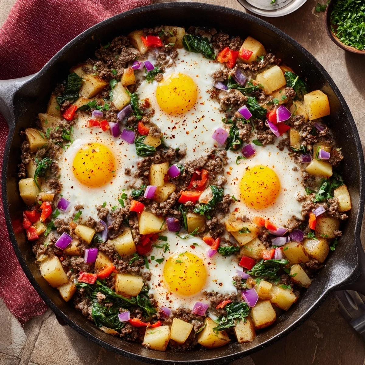 Golden egg yolks peek from a savory Beef Brunch Skillet with crispy potatoes, spinach, and peppers.  