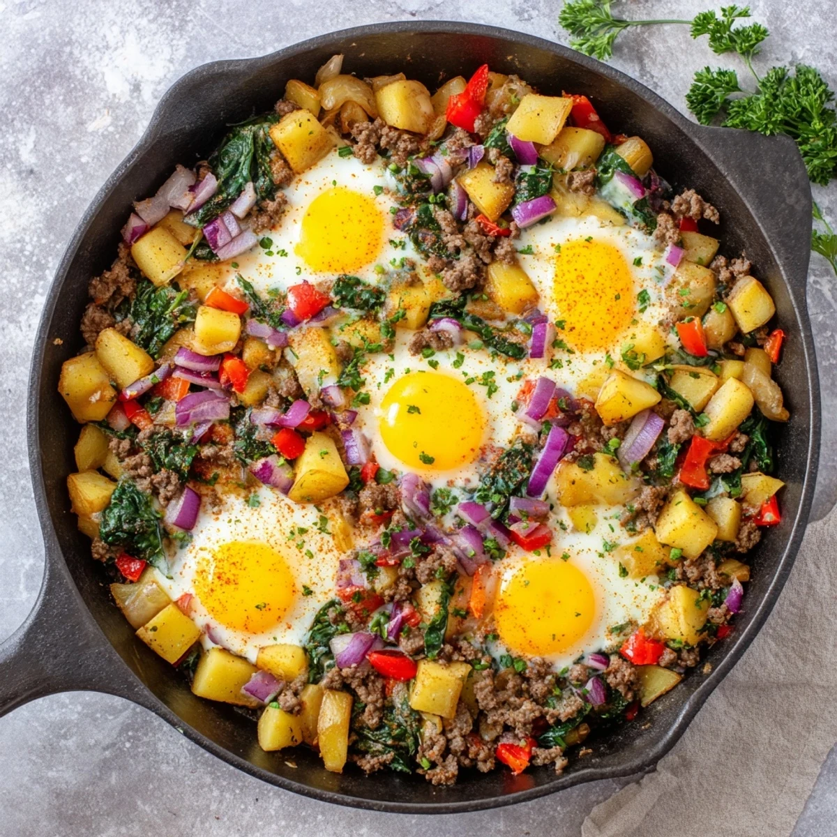Sizzling Beef Brunch Skillet straight from the oven, garnished with fresh parsley and melted cheese.