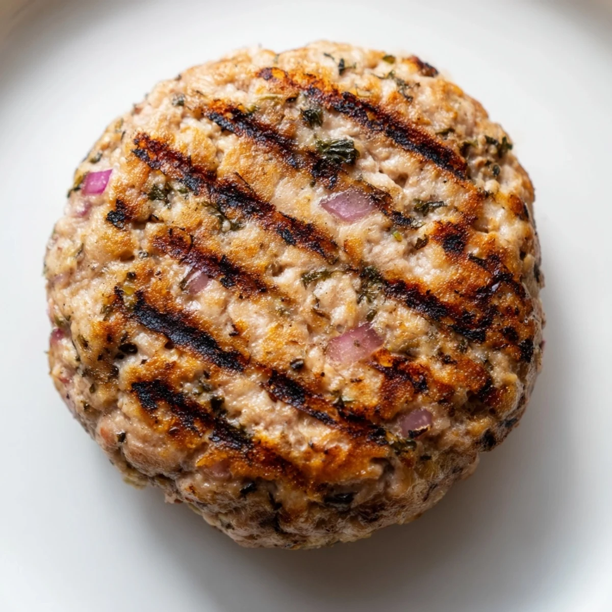 Golden-brown turkey brunch burger patty sizzling in a skillet, infused with garlic, thyme, and paprika.  