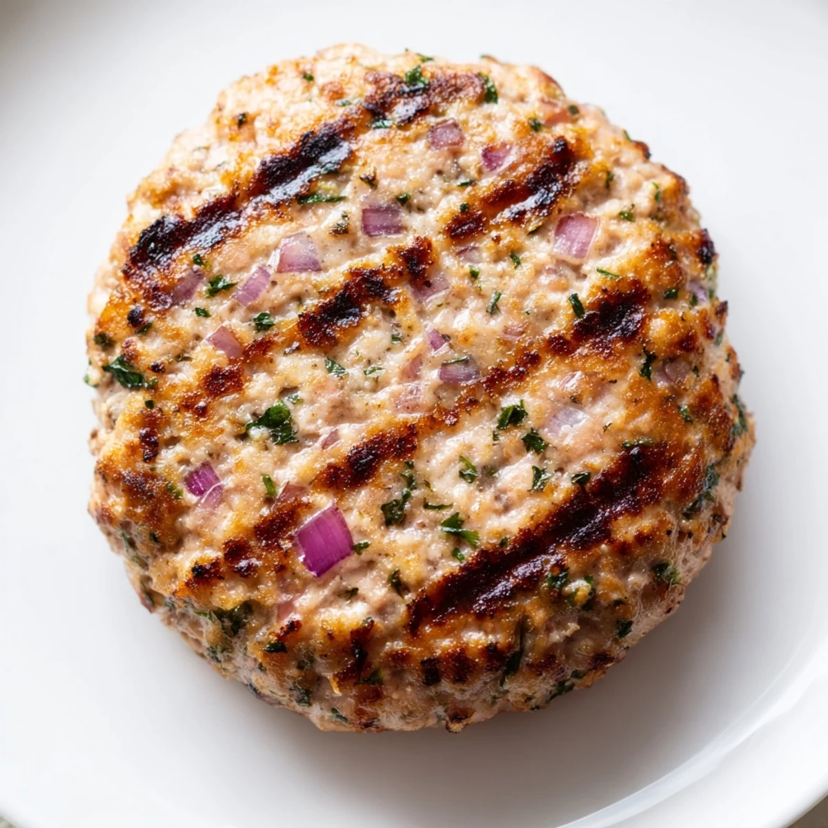 Freshly cooked turkey brunch burger patty resting on a plate, garnished with parsley and ready for an English muffin.  