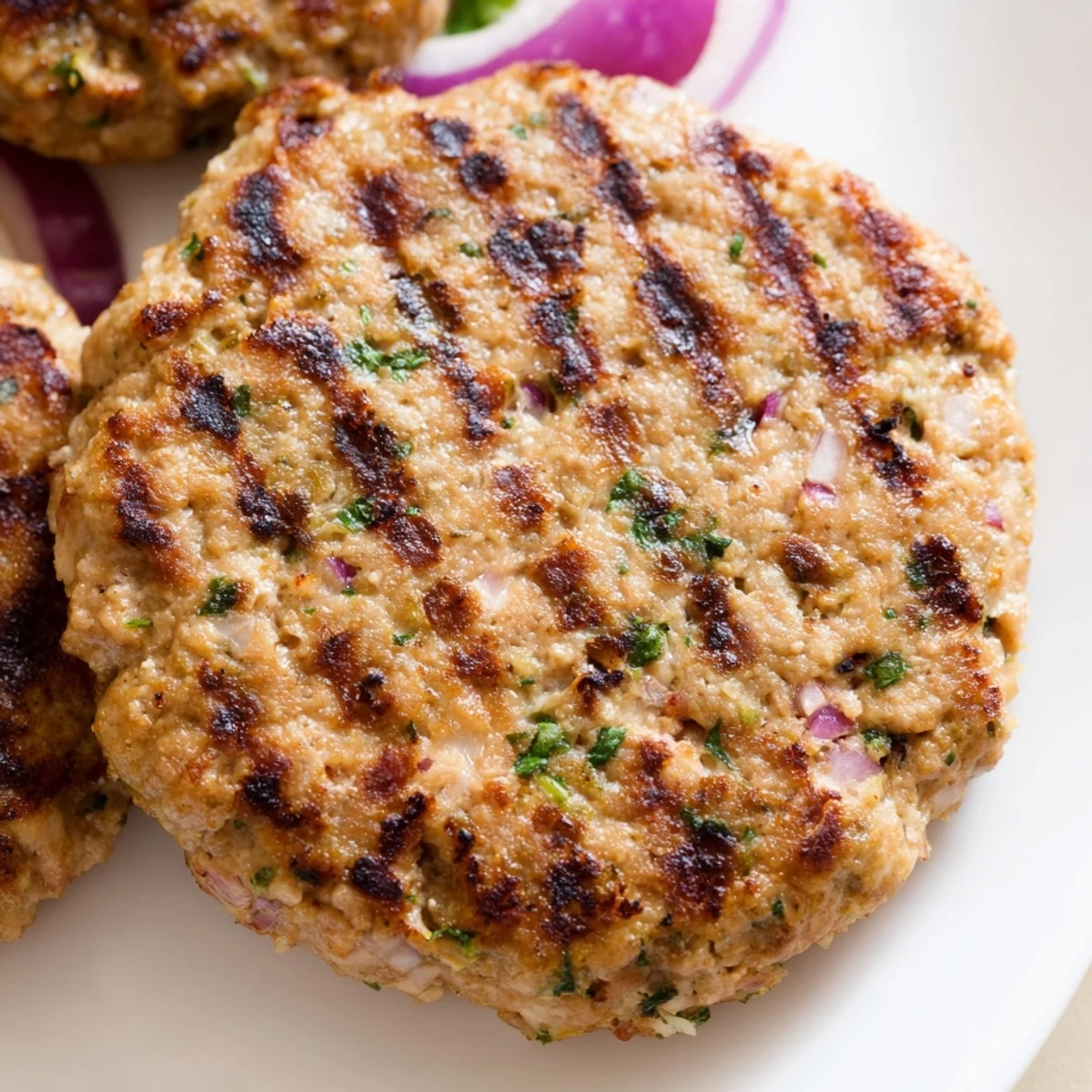 Savory turkey brunch burger patty served with a poached egg and sliced avocado on a toasted bagel.