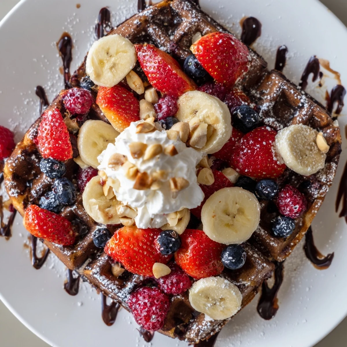 Fluffy chocolate brunch waffles topped with mixed berries, banana slices, and a dollop of whipped cream on a plate.  