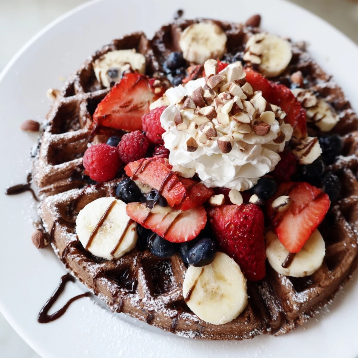 Decadent homemade chocolate brunch waffles dusted with powdered sugar and served with vibrant, ripe fruit toppings.