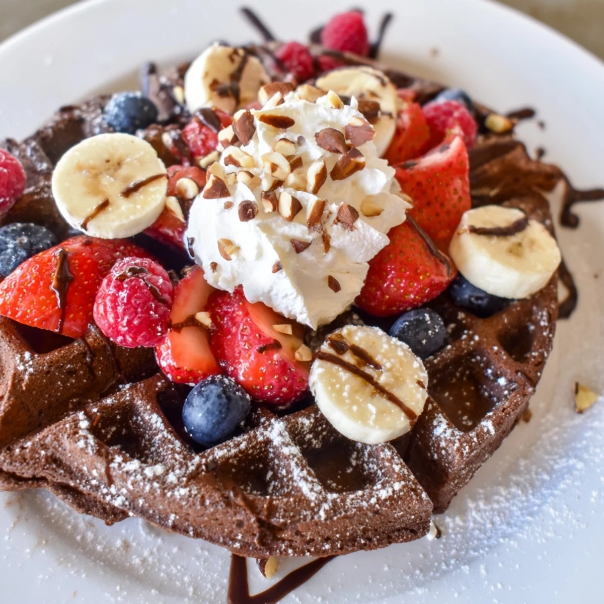 Golden chocolate waffles stacked high with fresh strawberries, blueberries, raspberries, and a drizzle of chocolate syrup.  
