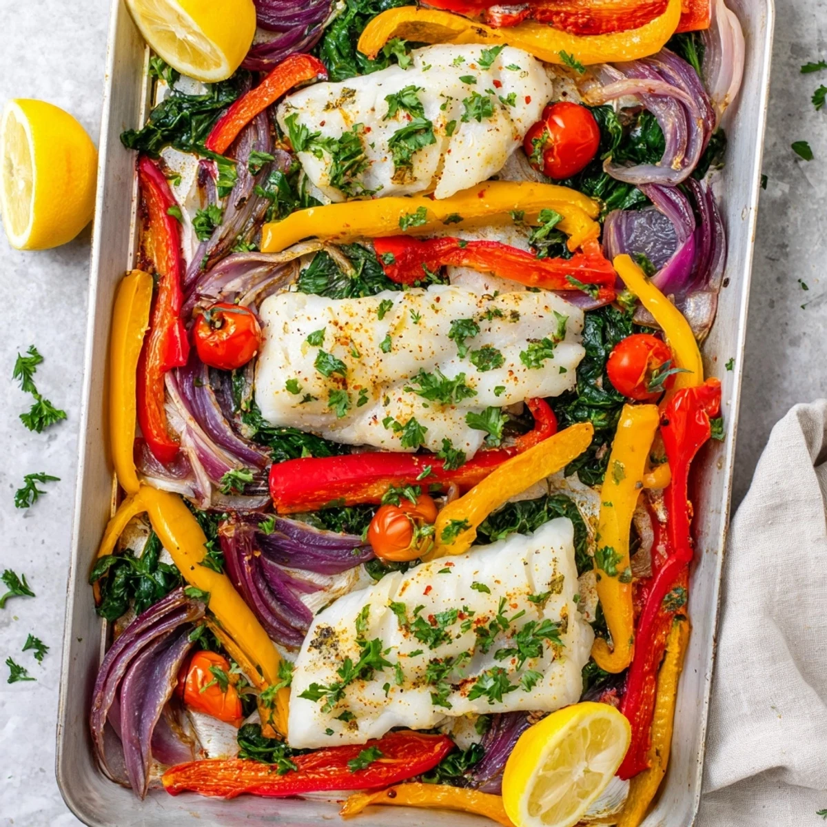 Flaky baked cod fillet nestled beside roasted red bell peppers and cherry tomatoes, glistening with olive oil and lemon zest.  