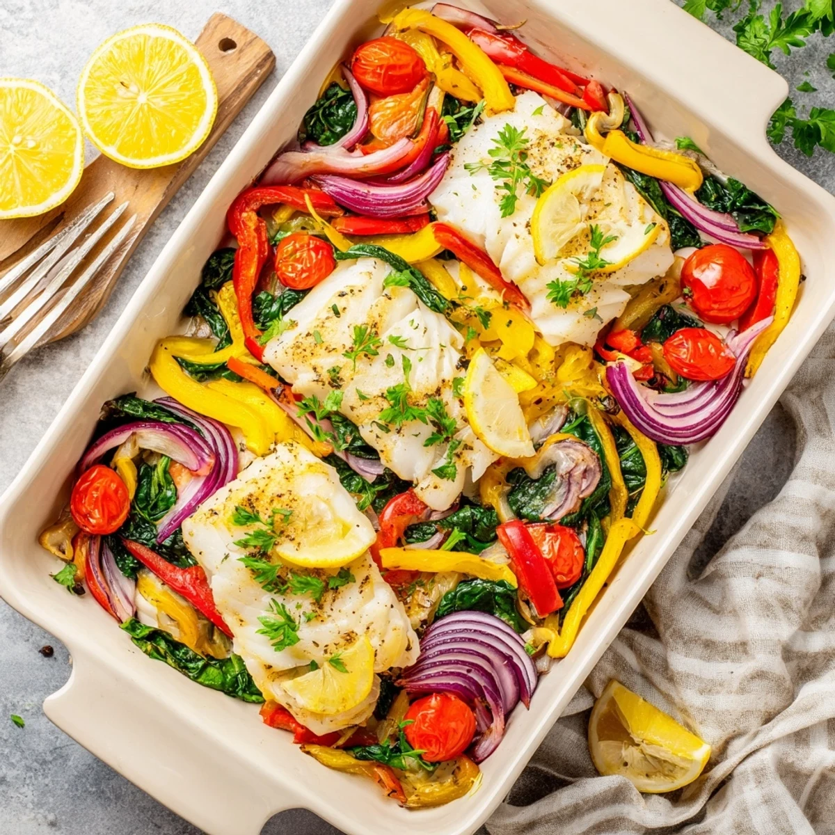 Golden-brown cod supper fillets baked with colorful vegetables and herbs, served straight from the oven in a baking dish.  