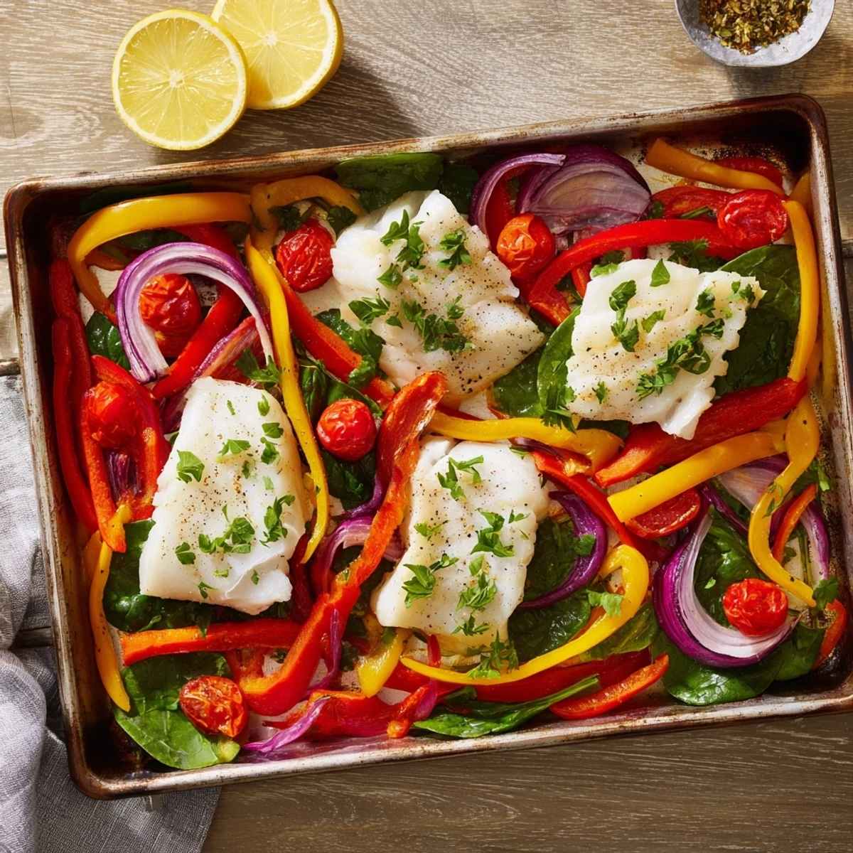 Tender baked cod fillet with spinach and peppers, garnished with fresh parsley and lemon wedges for a vibrant supper.