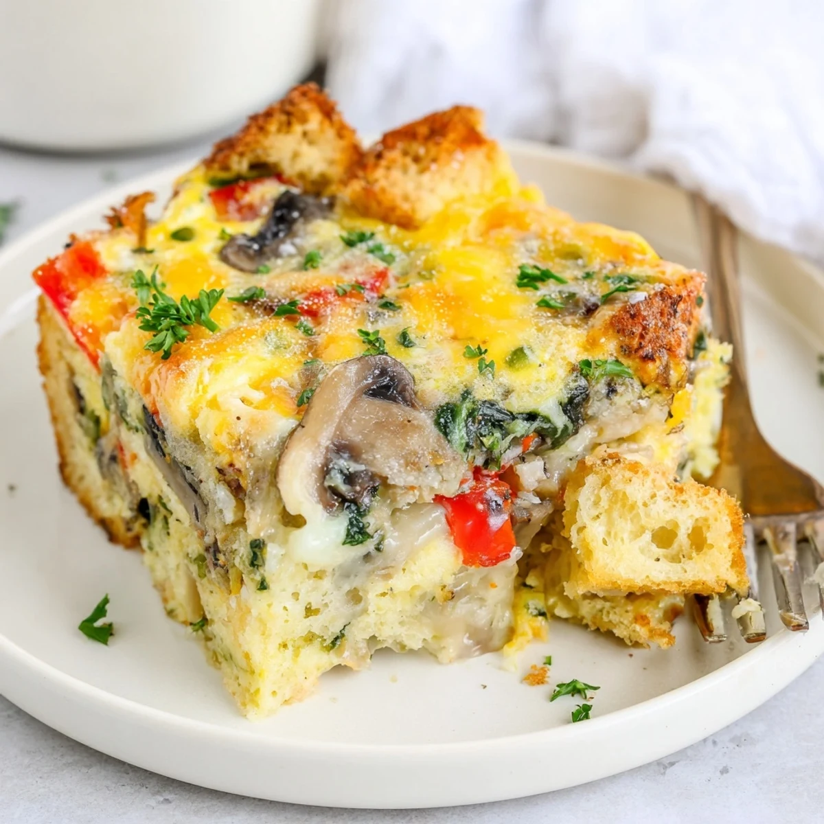 A close-up of the golden-brown Winter Brunch Egg Casserole, showcasing melted cheddar cheese and colorful vegetables peeking through the fluffy eggs.