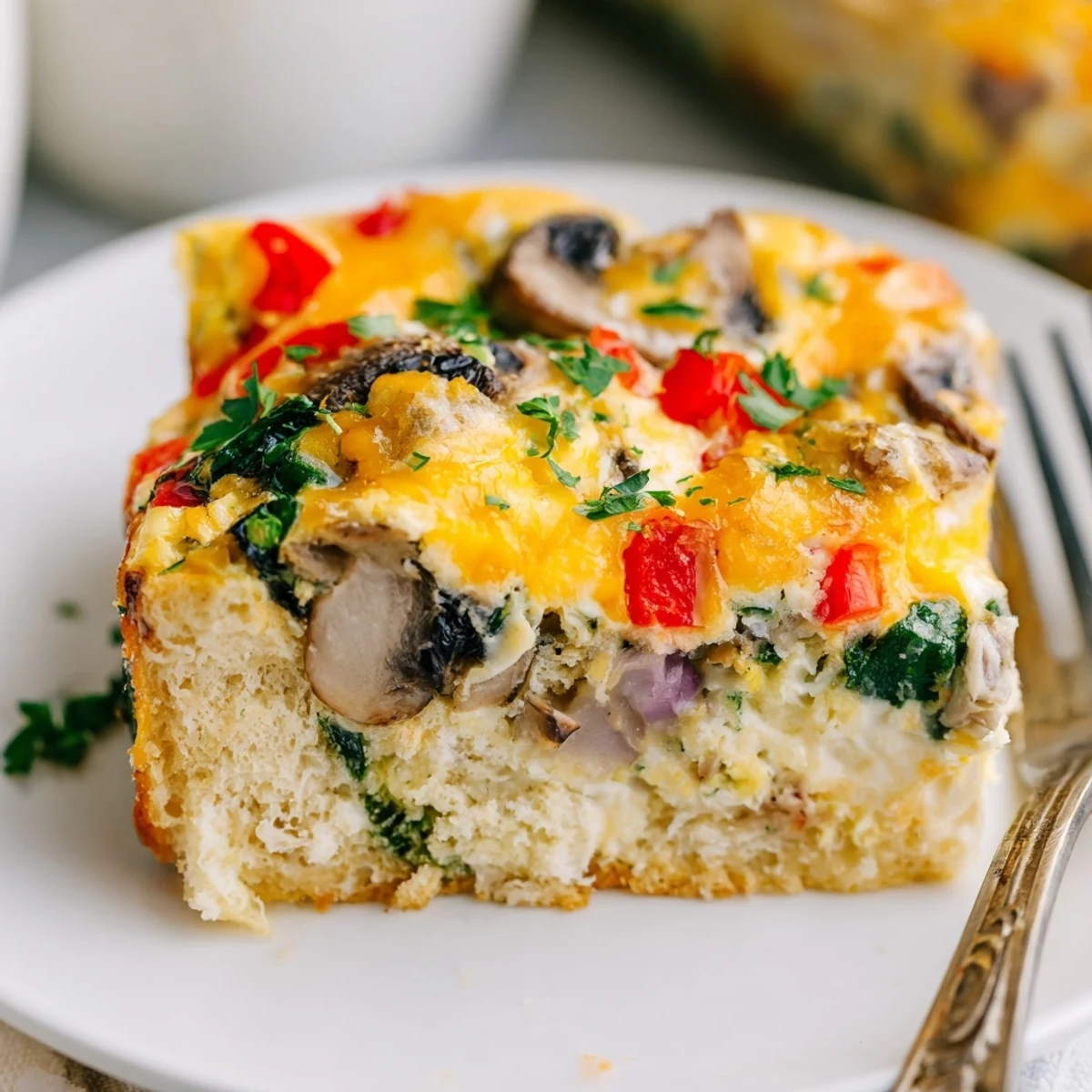 A sliced serving of the savory Winter Brunch Egg Casserole rests on a rustic plate, revealing hearty layers of bread, eggs, and mushrooms.