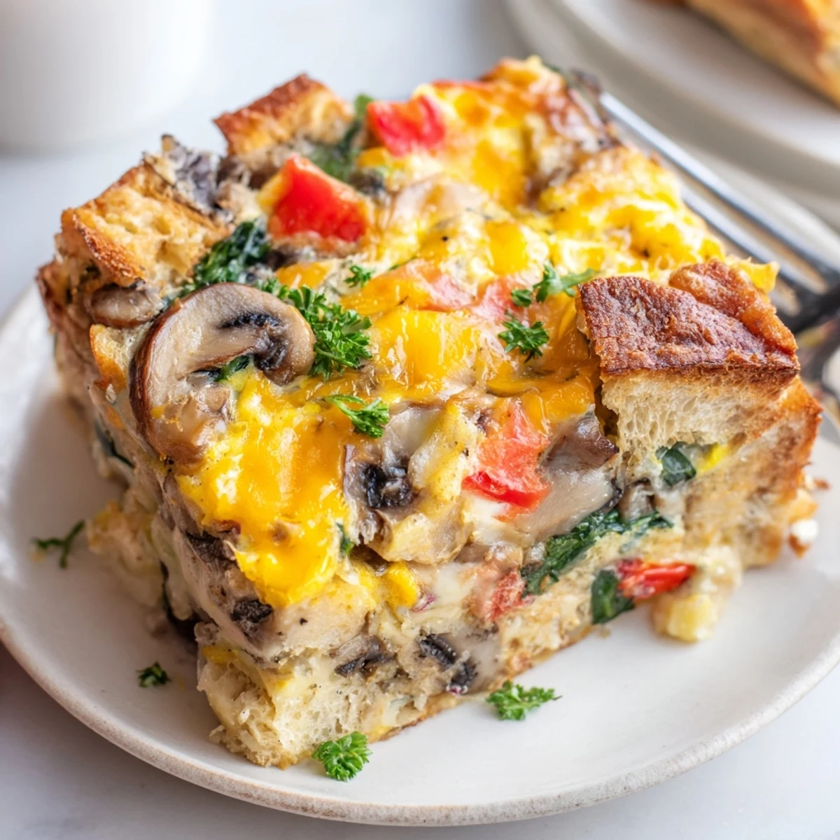 A freshly baked Winter Brunch Egg Casserole in a ceramic dish, garnished with fresh parsley and ready for a cozy family brunch.