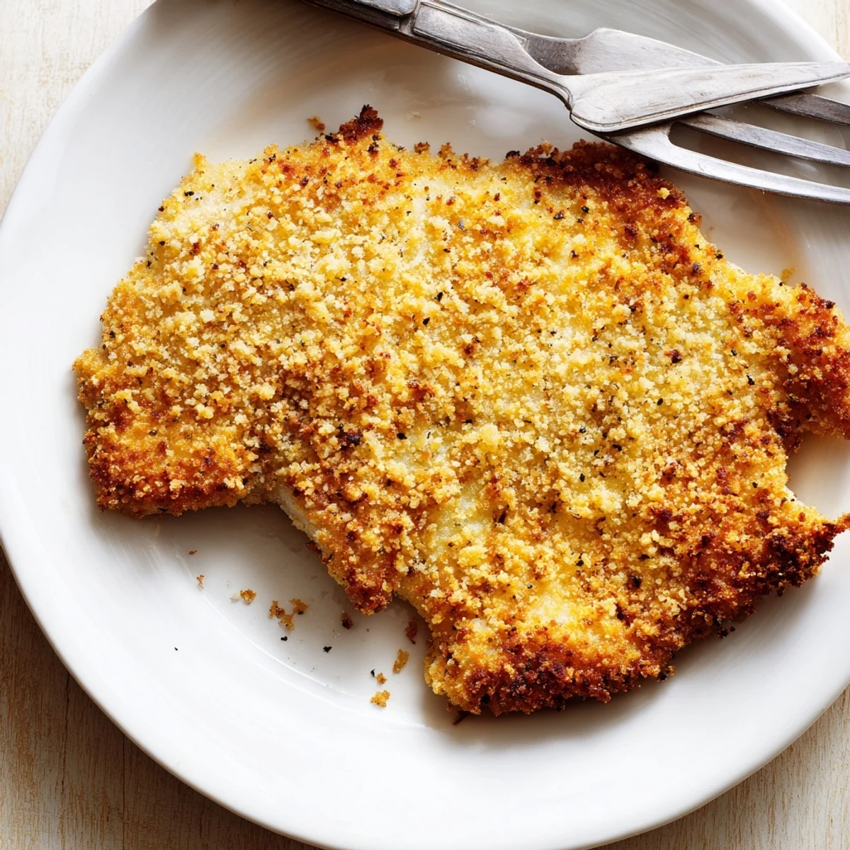 Juicy Crispy Dill Pickle Parmesan Chicken on a white plate, drizzled with creamy ranch dip and accompanied by crisp dill pickle chips.