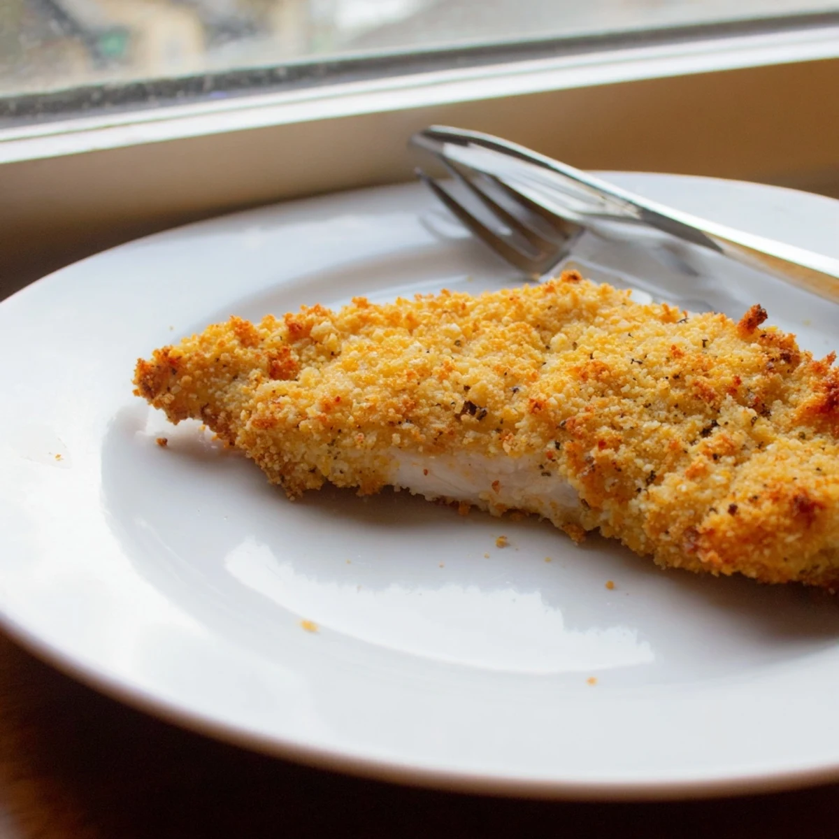 Golden-brown Crispy Dill Pickle Parmesan Chicken breasts, freshly baked with a crunchy Parmesan crust, garnished with fresh dill sprigs.