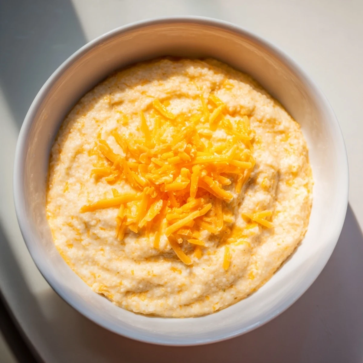 Creamy Brunch Cheese Grits served in a rustic bowl, topped with shredded cheddar and fresh chives, ideal for a southern breakfast.