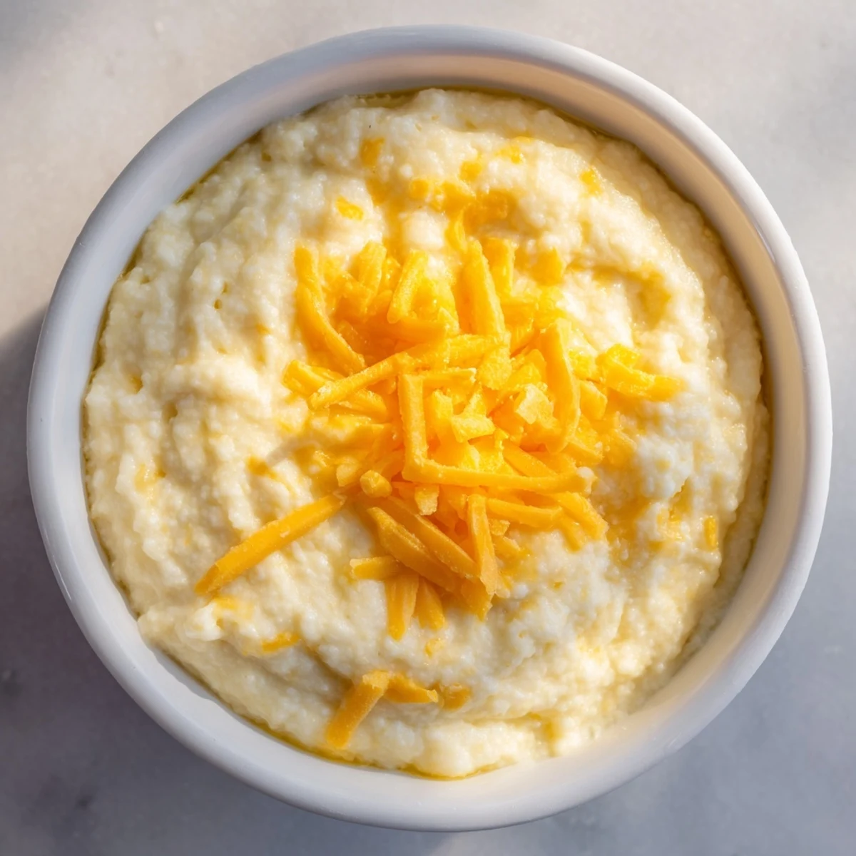 Rich, velvety Creamy Brunch Cheese Grits ready to serve, featuring a smooth texture and savory aroma for an authentic southern brunch.
