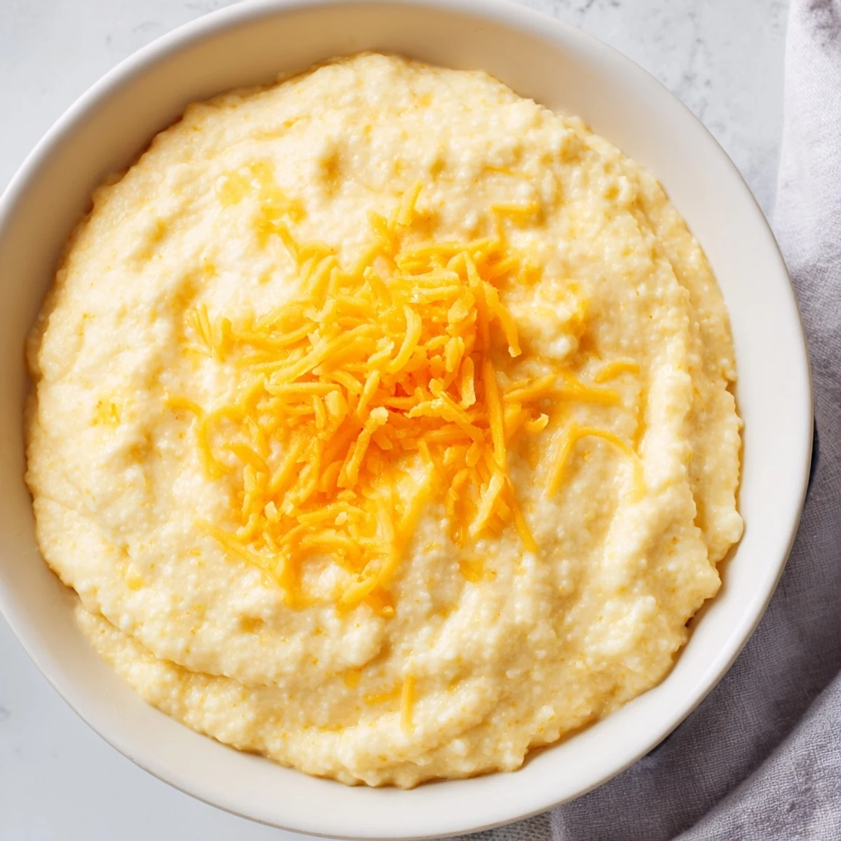 A steaming bowl of Creamy Brunch Cheese Grits, garnished with extra sharp cheddar, perfect alongside fresh fruit and strong coffee.