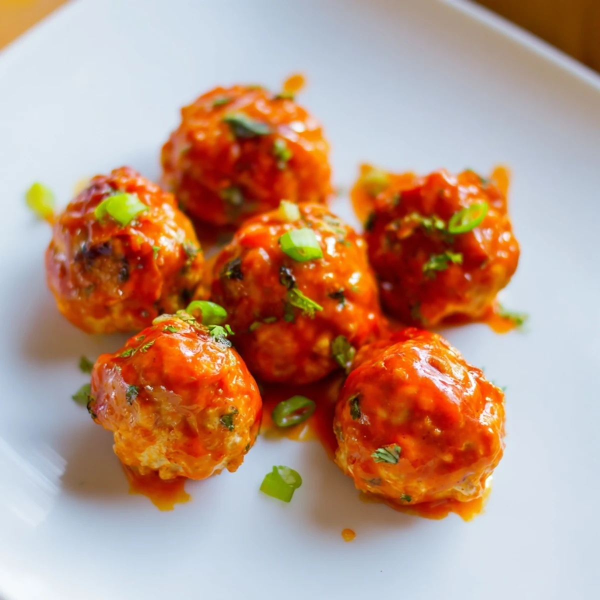 Golden-brown baked End Zone Buffalo Chicken Meatballs glisten with spicy orange buffalo sauce on a platter, garnished with green onions and blue cheese crumbles.  