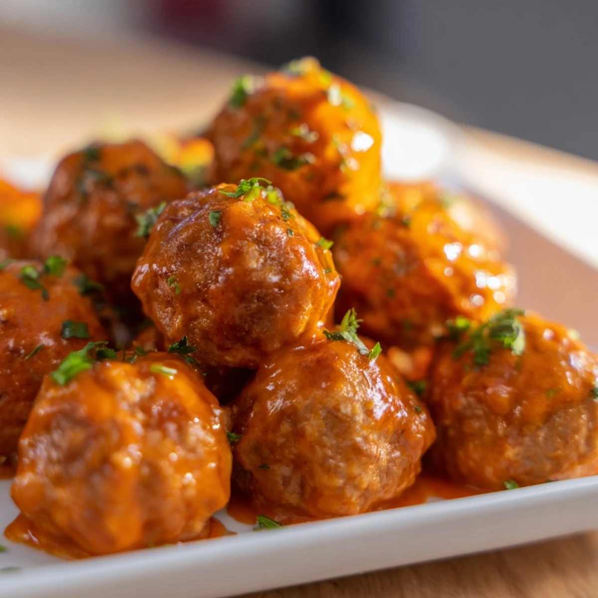 End Zone Buffalo Chicken Meatballs on a wooden serving board, drizzled with honey-spiked buffalo sauce and fresh parsley, perfect for game day snacking.