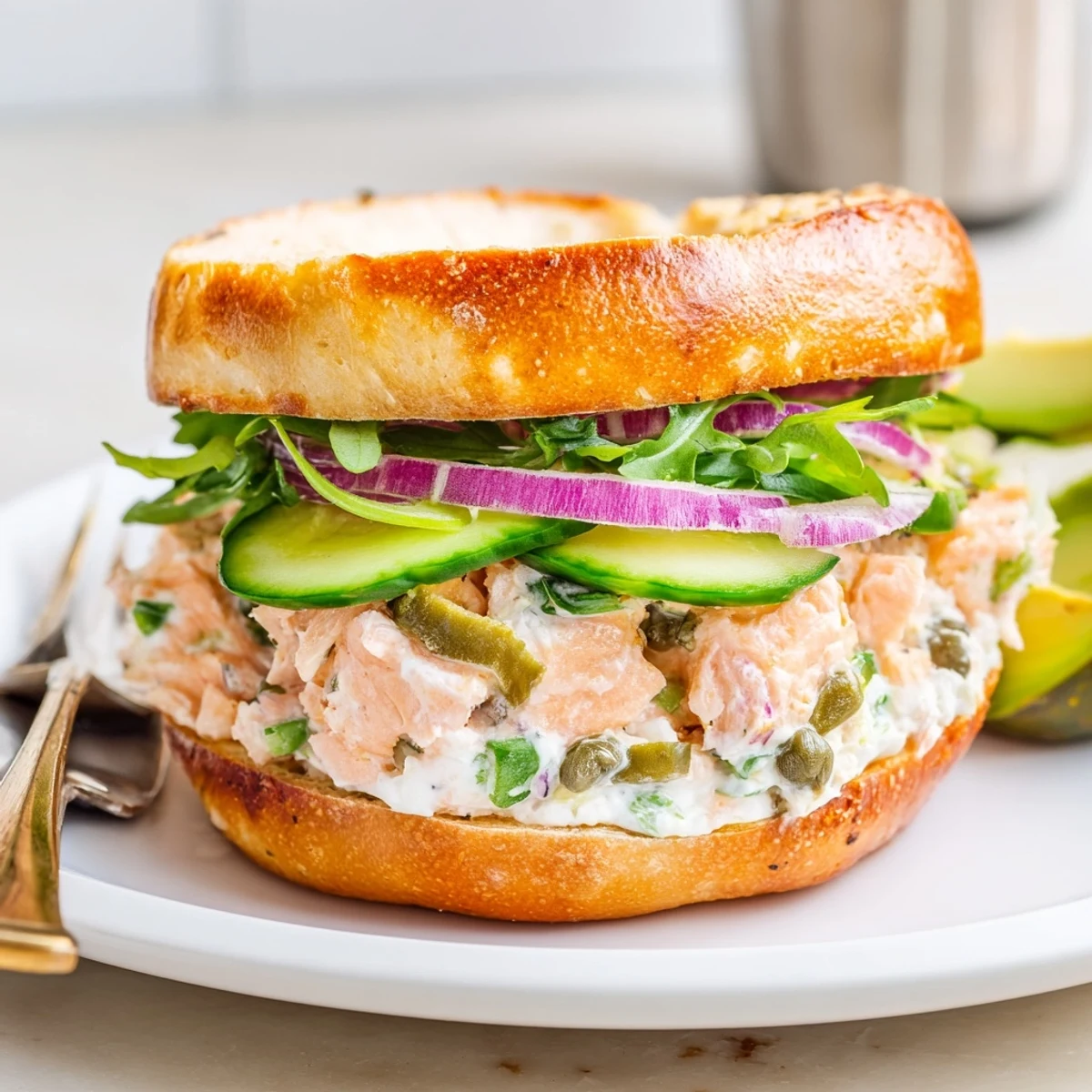 Savory baked salmon brunch bagel topped with vibrant greens, red onion, and capers on a toasted sesame bagel half.  
