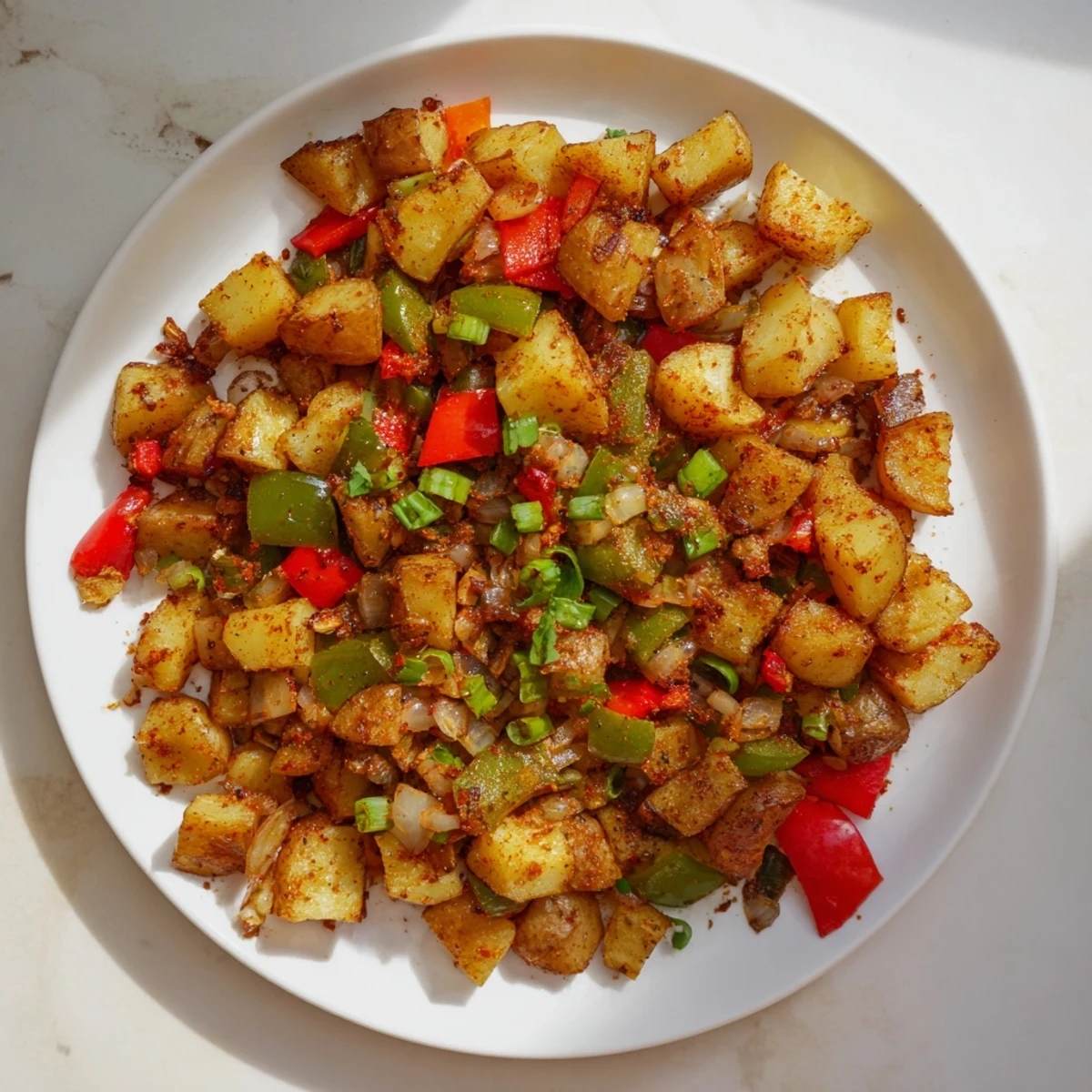 Spicy Brunch Hash Potato with sautéed russet potatoes, bell peppers, and onions, served with hot sauce and scallions for brunch.