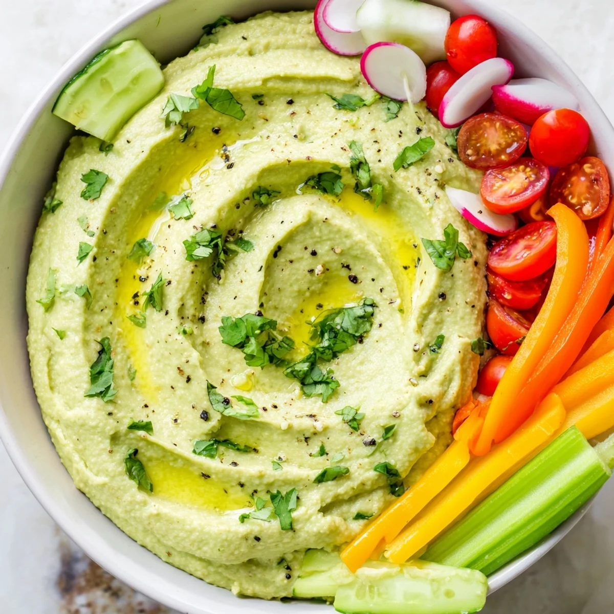 A close-up of creamy green avocado hummus, garnished with olive oil, in a rustic bowl surrounded by colorful fresh veggie sticks for dipping.