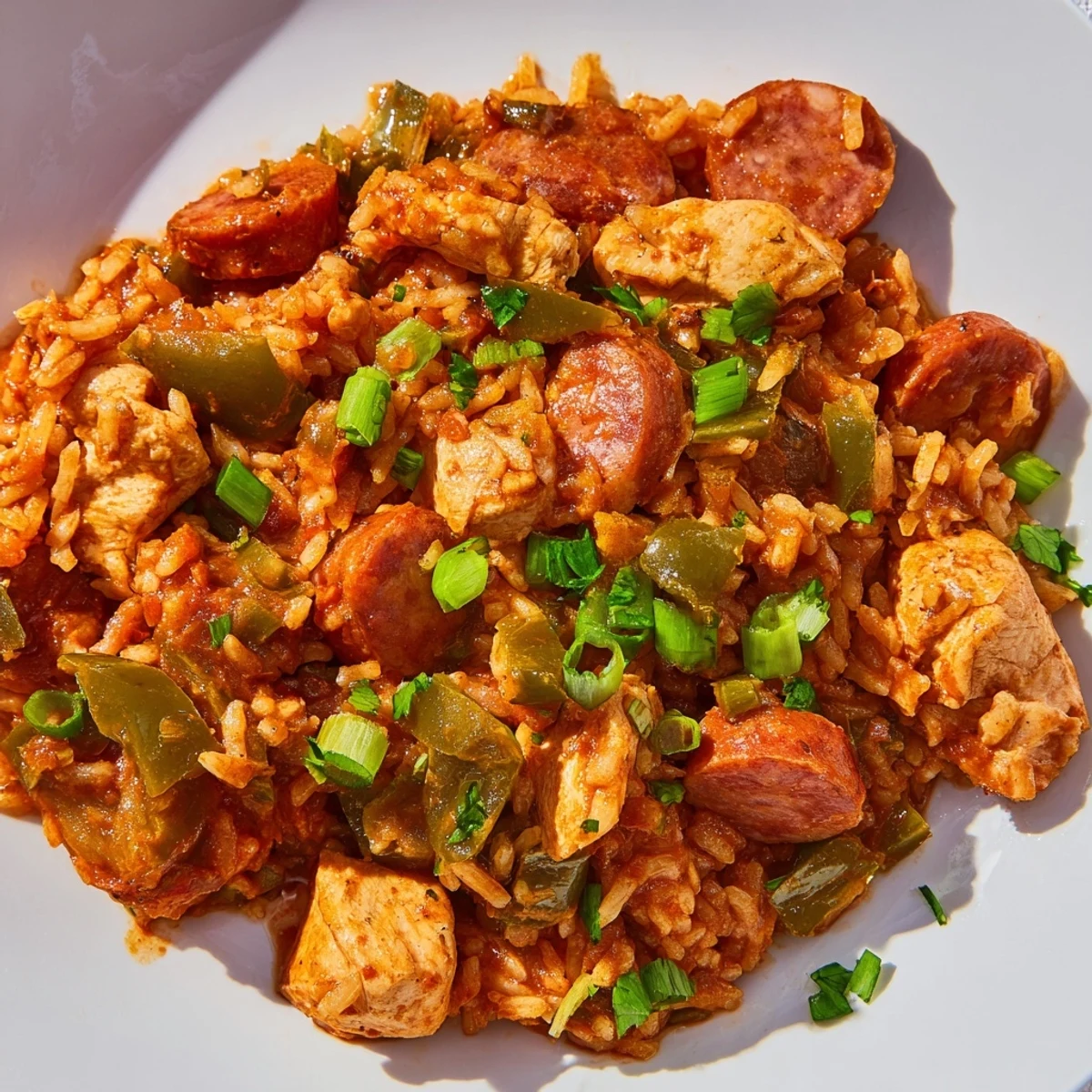 Steaming Mardi Gras Chicken Jambalaya with Sausage features tender chicken, spicy sausage, and fluffy rice, garnished with fresh green onions and parsley.