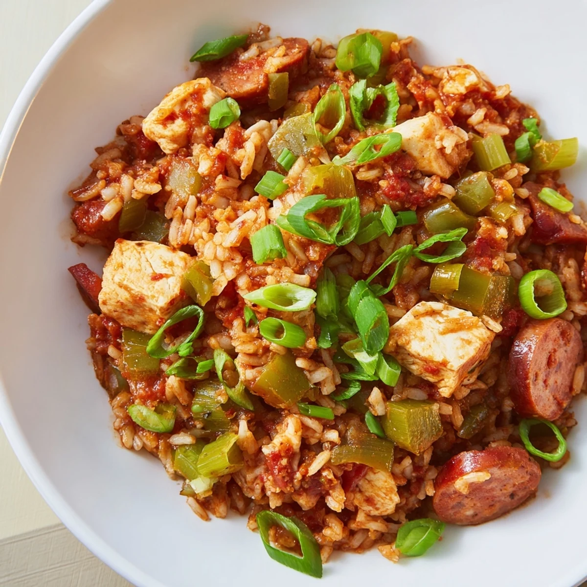 Hearty Mardi Gras Chicken Jambalaya with Sausage simmered in a Dutch oven, showcasing a rich red Creole sauce with sausage slices and chicken pieces.