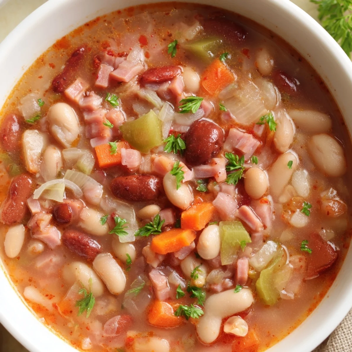 Steaming bowl of Creole Bean Soup with Turkey Ham, featuring creamy beans and vibrant diced vegetables.