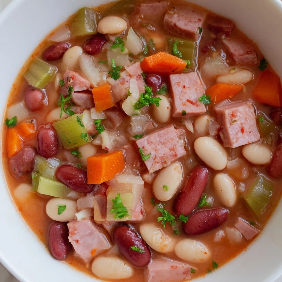 Creole Bean Soup with Turkey Ham bubbling in a pot, with visible carrots, celery, and rich broth.