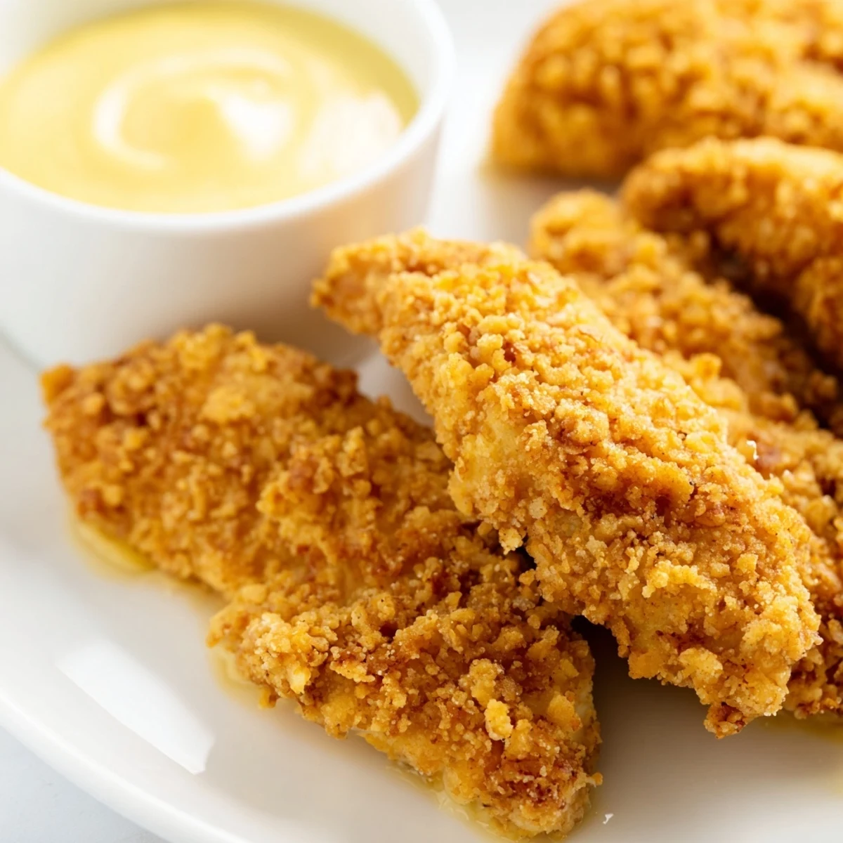 Freshly fried Game Day Crispy Chicken Strips with Honey are stacked high beside a creamy dipping sauce.