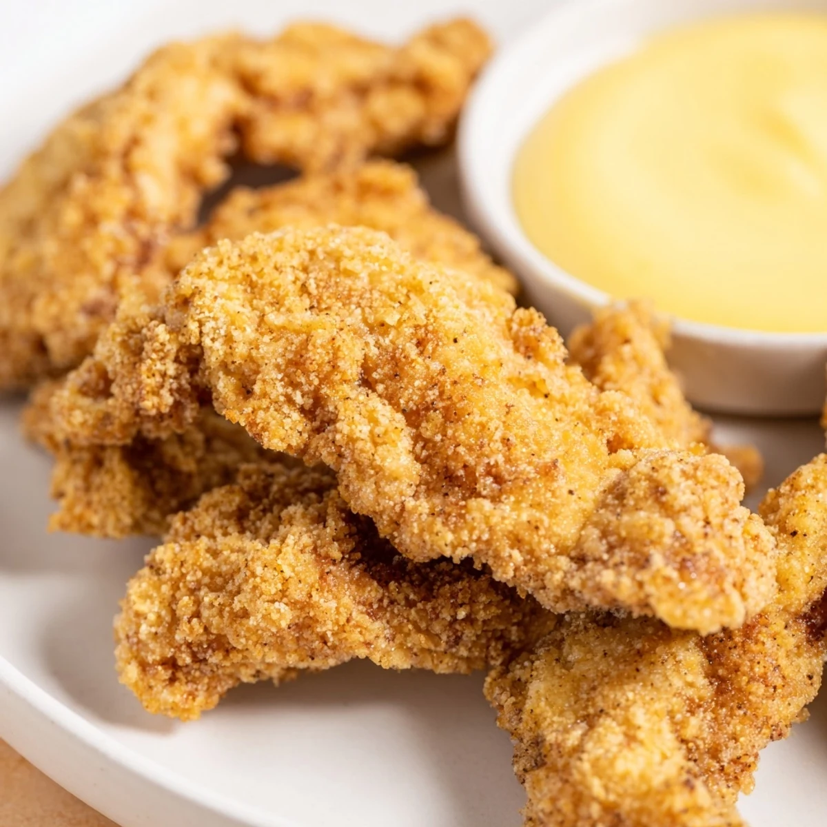 Golden-brown, crispy chicken strips from Game Day Crispy Chicken Strips with Honey, glistening with honey mustard dip on a platter.
