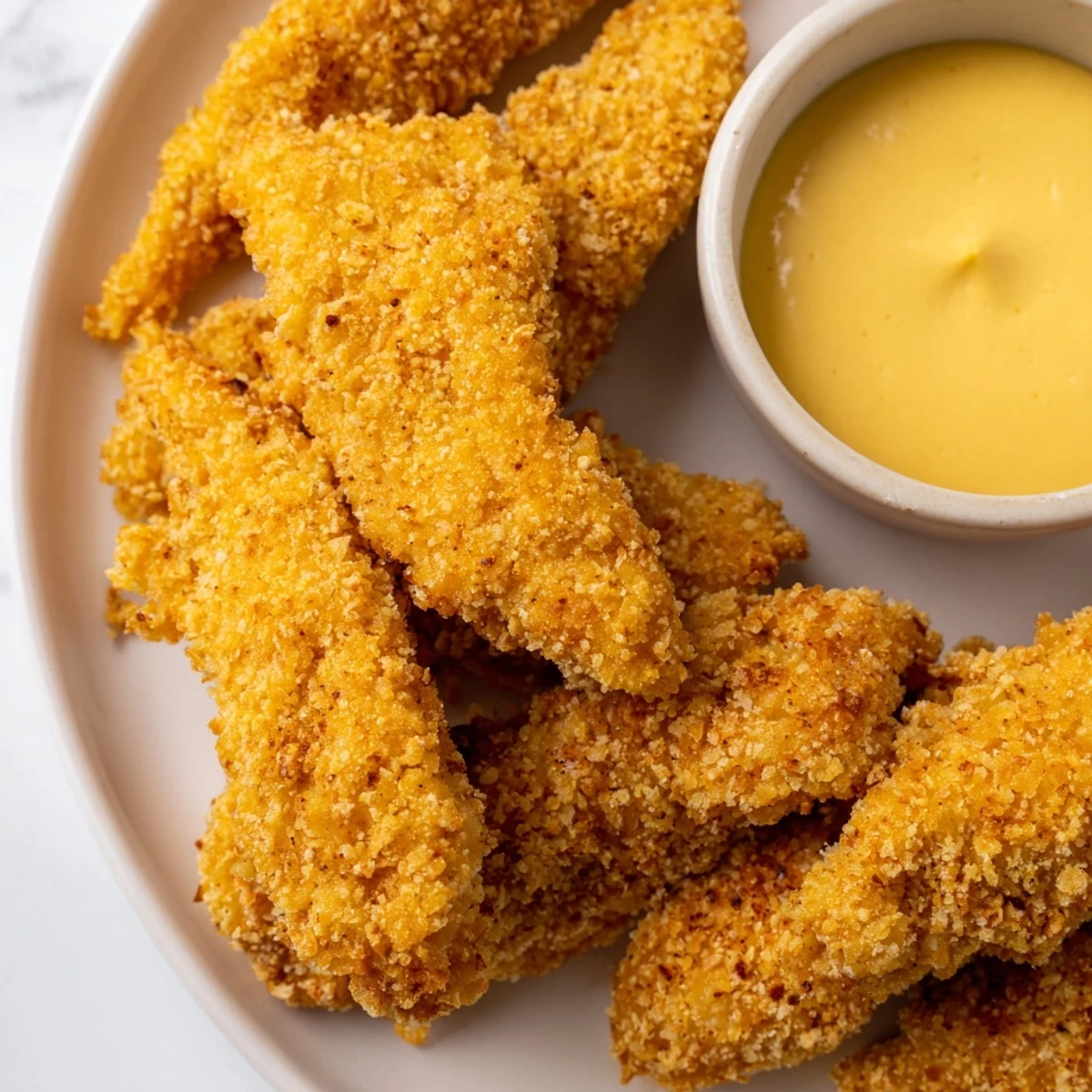 Tender, breaded Game Day Crispy Chicken Strips with Honey are served hot, perfect for a game day appetizer spread.