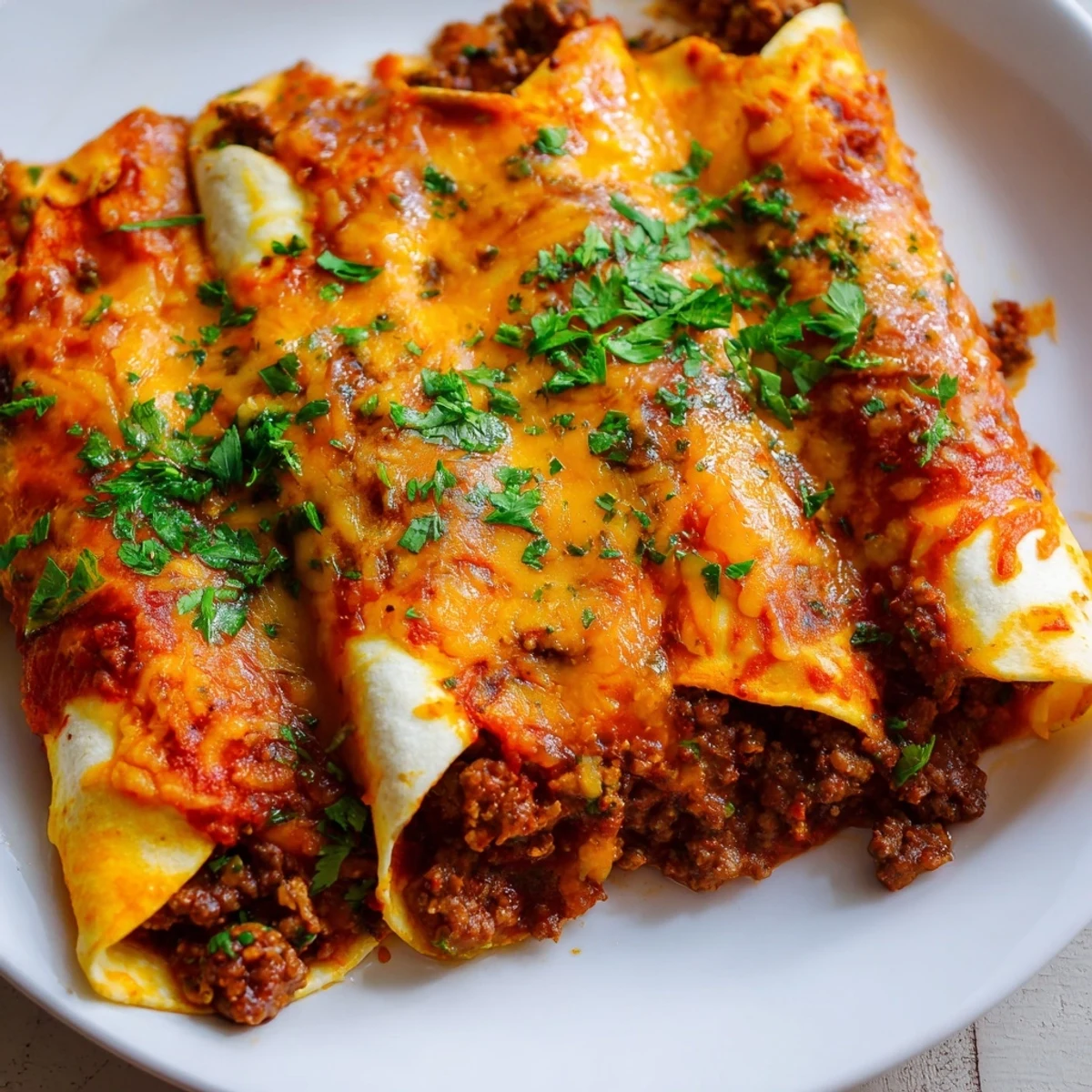 A close-up photo of Championship Beef Enchiladas with Red Sauce, showcasing the melted Mexican cheese blend and savory beef filling inside soft corn tortillas, drizzled with a vibrant homemade red sauce.