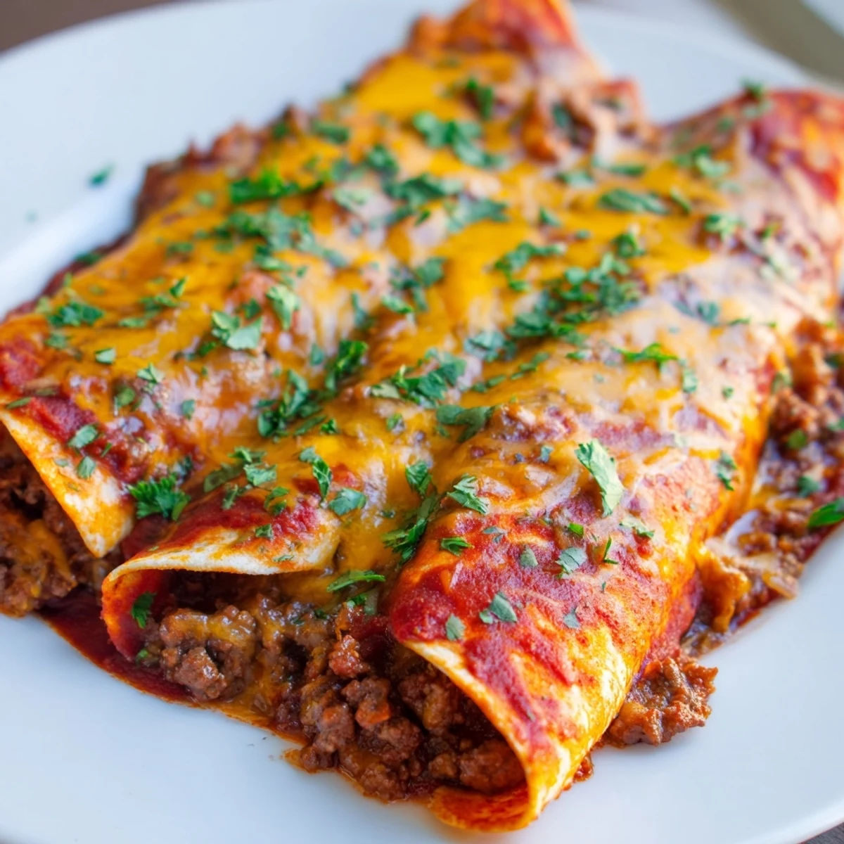 These Championship Beef Enchiladas with Red Sauce are baked to perfection in a 9x13-inch dish, bubbling with rich, robust flavor and topped with a garnish of fresh cilantro for a festive Tex-Mex presentation.
