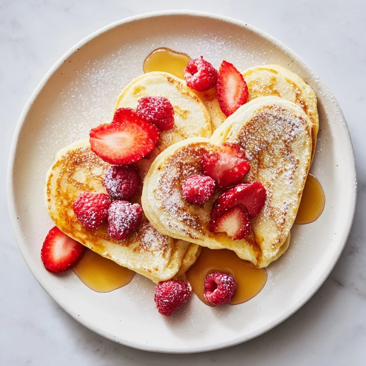 Fluffy heart-shaped Valentine Breakfast in Bed Pancakes topped with fresh berries and maple syrup.
