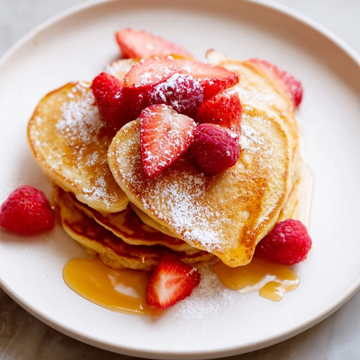 Golden-brown heart pancakes stacked high, drizzled with syrup and dusted with powdered sugar for a sweet morning treat.
