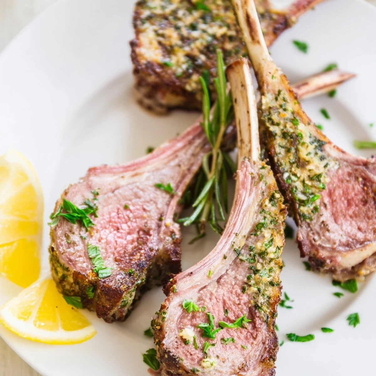 Juicy, medium-rare rack of lamb roasted with herbs and garlic, served with lemon wedges and a glass of red wine.