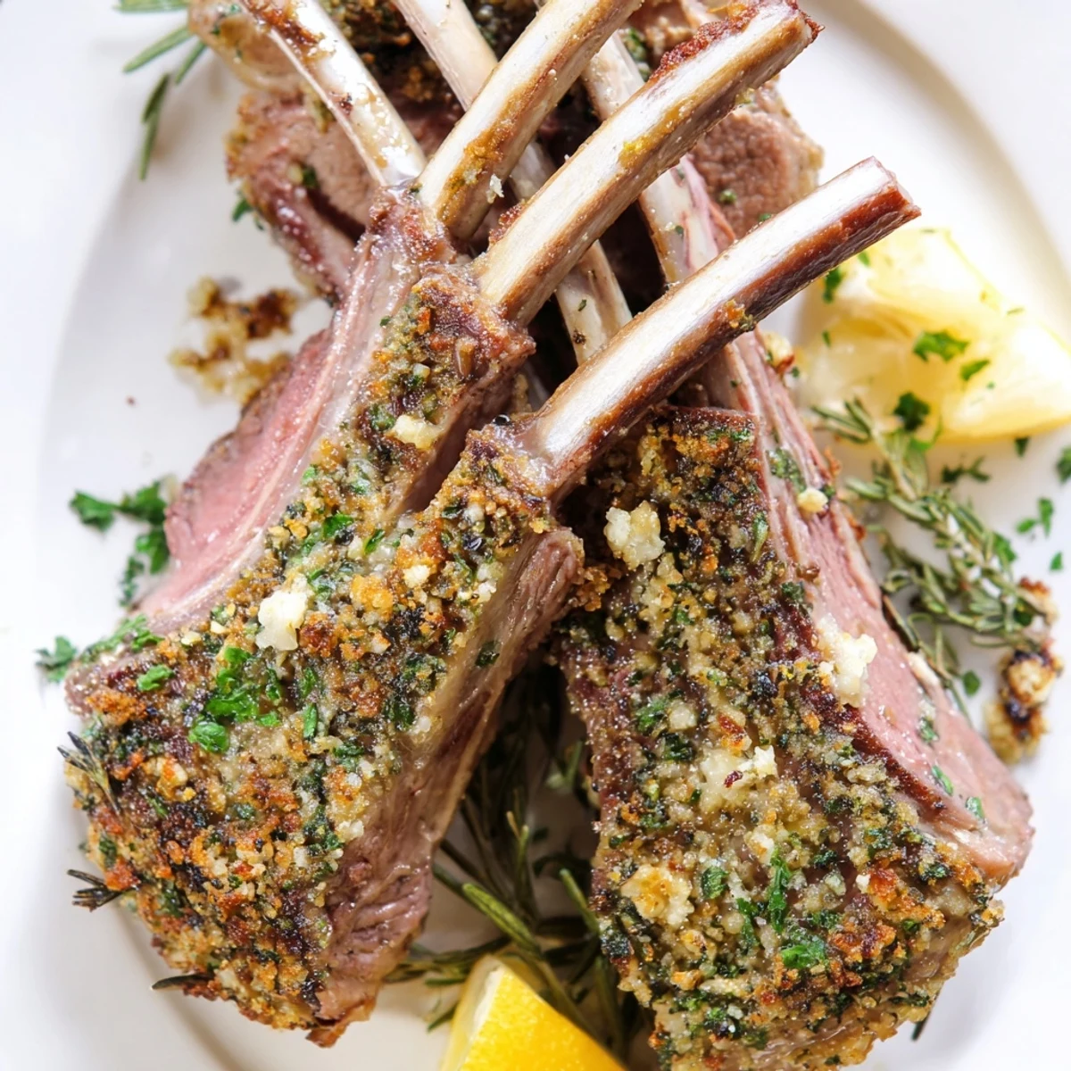 Golden-brown rack of lamb, aromatic from rosemary and thyme, resting before being sliced for a romantic dinner for two.