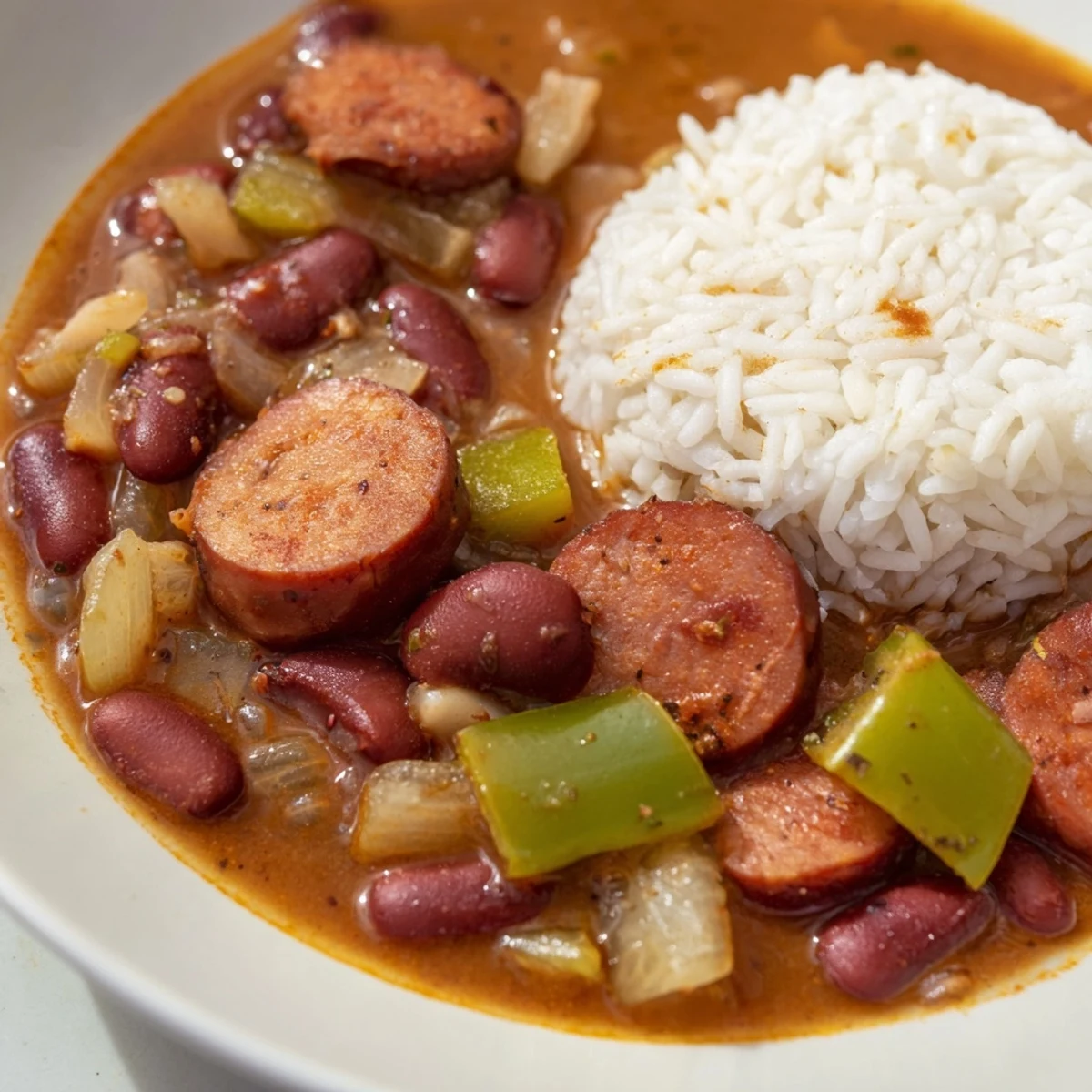 A hearty bowl of Louisiana Red Bean Soup ladled over fluffy white rice, topped with sliced smoky andouille sausage and fresh parsley garnish.