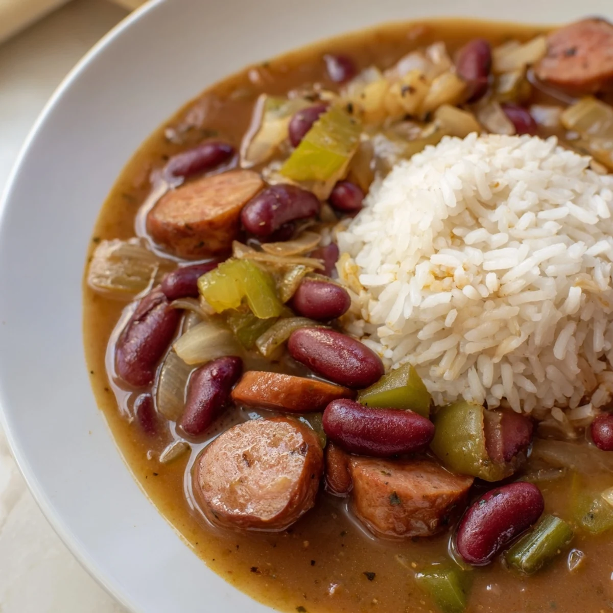 Steaming pot of Louisiana Red Bean Soup simmering with tender vegetables and spicy andouille, ready to be served with a scoop of white rice.