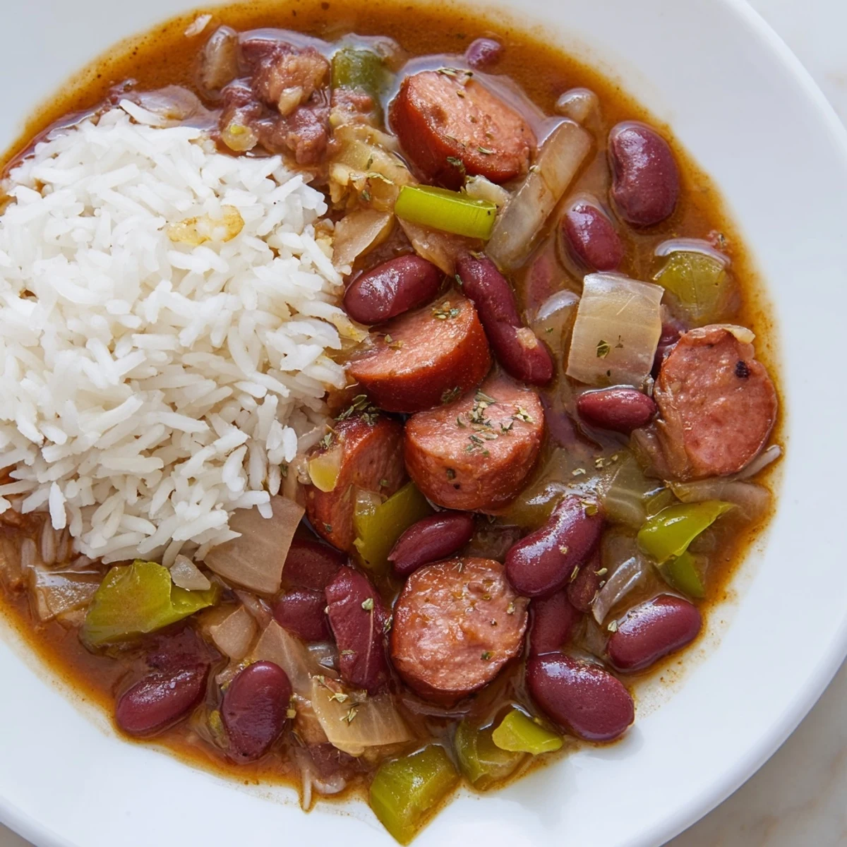 A close-up view of Louisiana Red Bean Soup featuring creamy red kidney beans, diced bacon, and smoky spices served over a mound of fluffy rice.